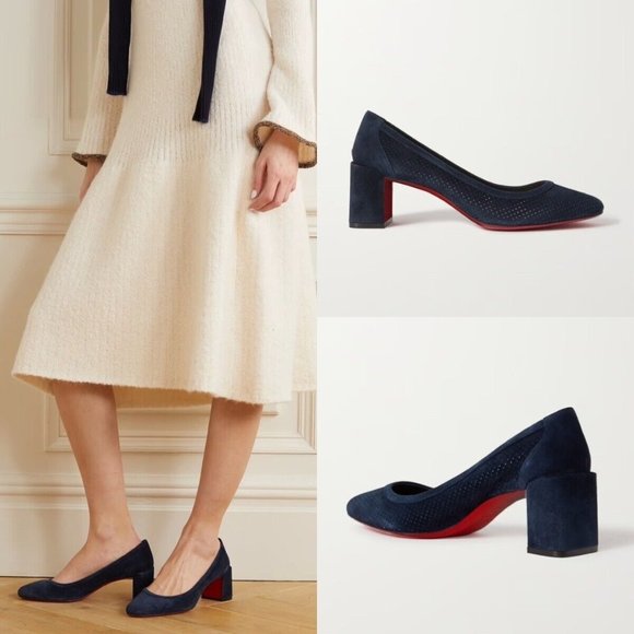 Christian Louboutin Navy Blue Block Heel Flats - Picture 1 of 11